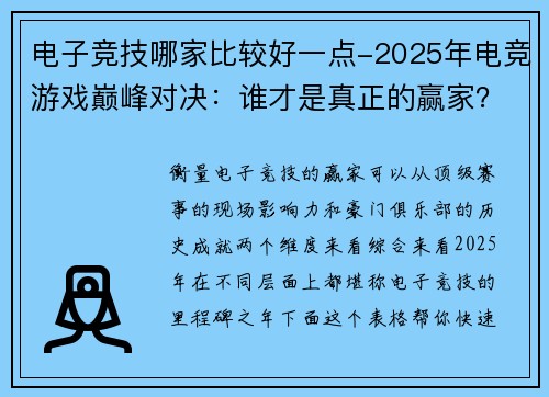 电子竞技哪家比较好一点-2025年电竞游戏巅峰对决：谁才是真正的赢家？